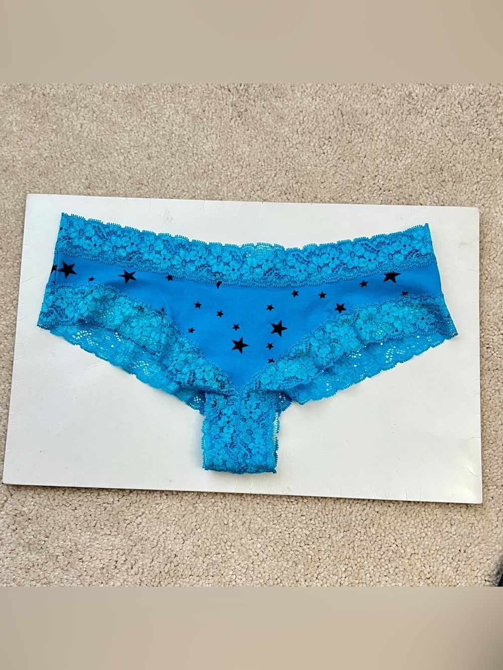 NWT Victoria’s Secret PINK Blue Star Lace Trim Low Rise Cheeky Panties Small S